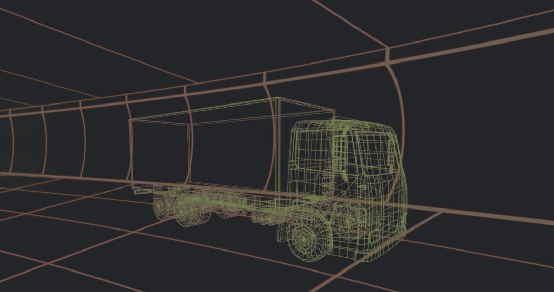 Futuristic Wireframe Truck Simulation in Digital Tunnel