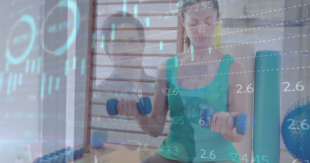 Woman Exercising with Digital Financial Data Overlay
