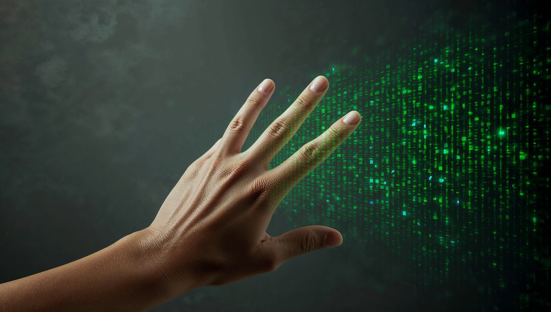 Hand Reaching Toward Green Digital Matrix Holographic Interface Neon Glow Futuristic Data