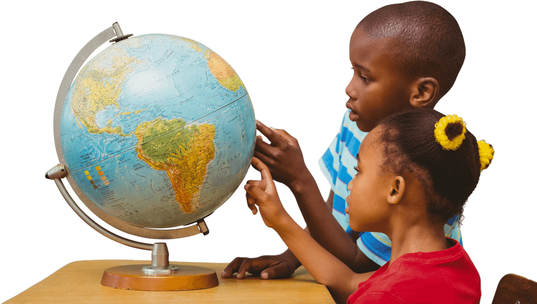 Curious Diverse Children Examining Globe on Transparent Background