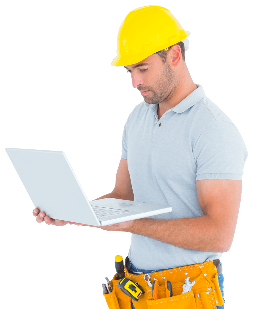 Transparent Image: Construction Worker Using Laptop