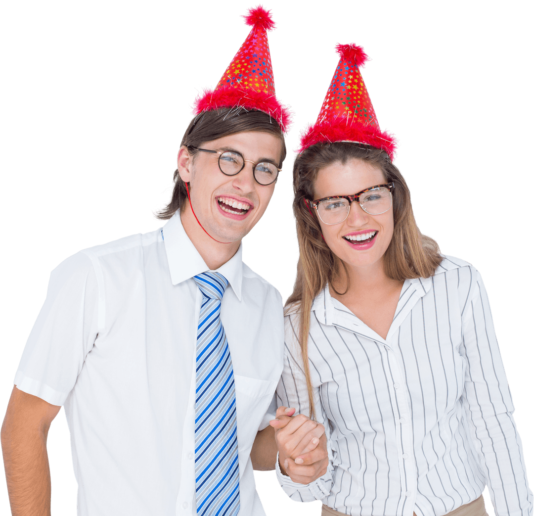 Transparent Background of Hipster Couple Celebrating with Party Hats