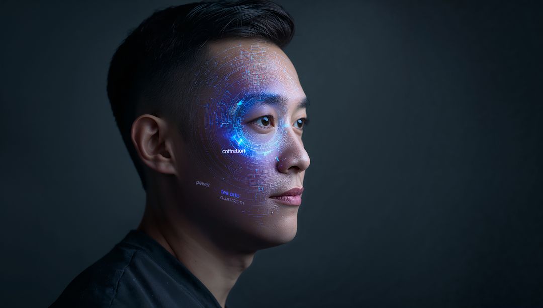 Facing Asian man displaying holographic AR interface on cheek, futuristic tech portrait