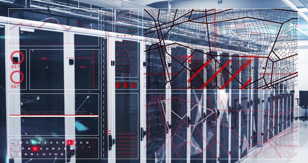 Data Network Overlay in Futuristic Server Room