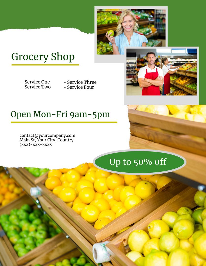 Organic Grocery Shop Advertisement Featuring Lively Produce and Cheerful Staff - Download Free Stock Templates Pikwizard.com