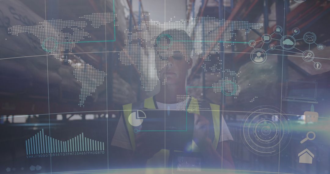 Warehouse Worker Using Technology with Holographic Data Screen