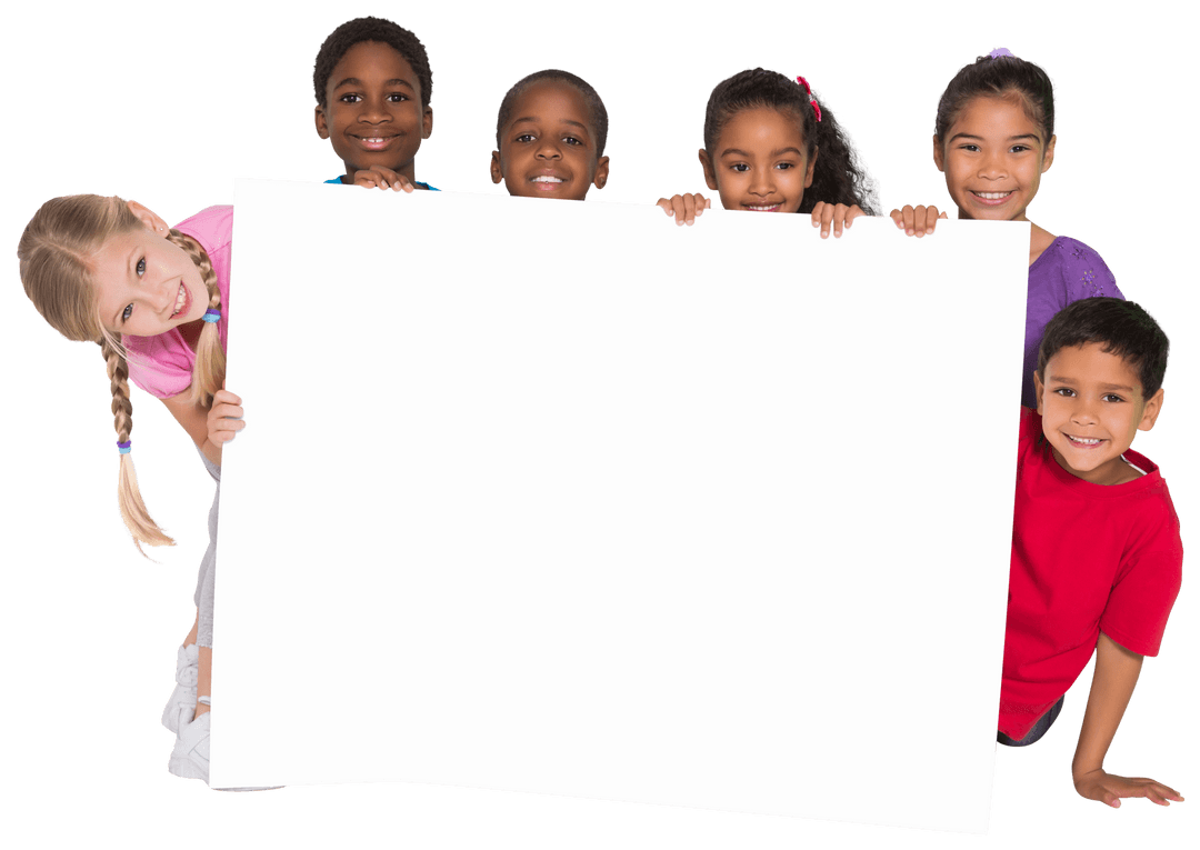 Diverse Schoolchildren Holding Blank Card with Transparent Background