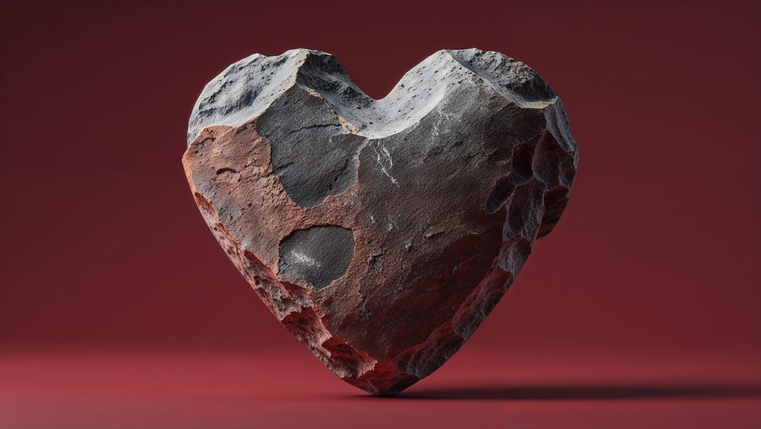 Heart-shaped Rock with Unique Texture Floating on Red Background