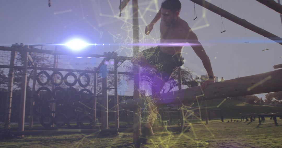 Dynamic Athlete Scaling Obstacle in Park with Digital Overlay