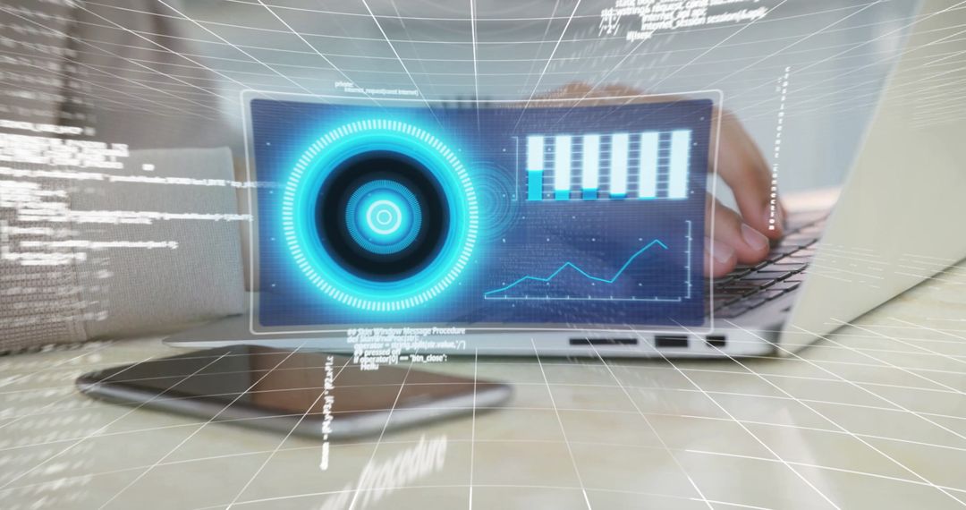 Futuristic Data Processing Concept with Virtual Dashboard Overlay