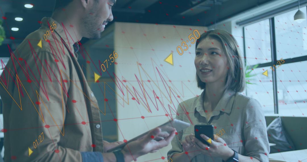 Diverse Team Discussing Business Growth with Digital Data Overlay