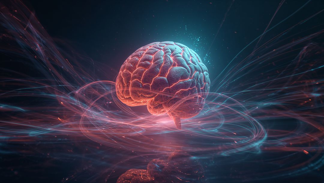 3D Futuristic Digital Brain with Neon Light Trails and Particles