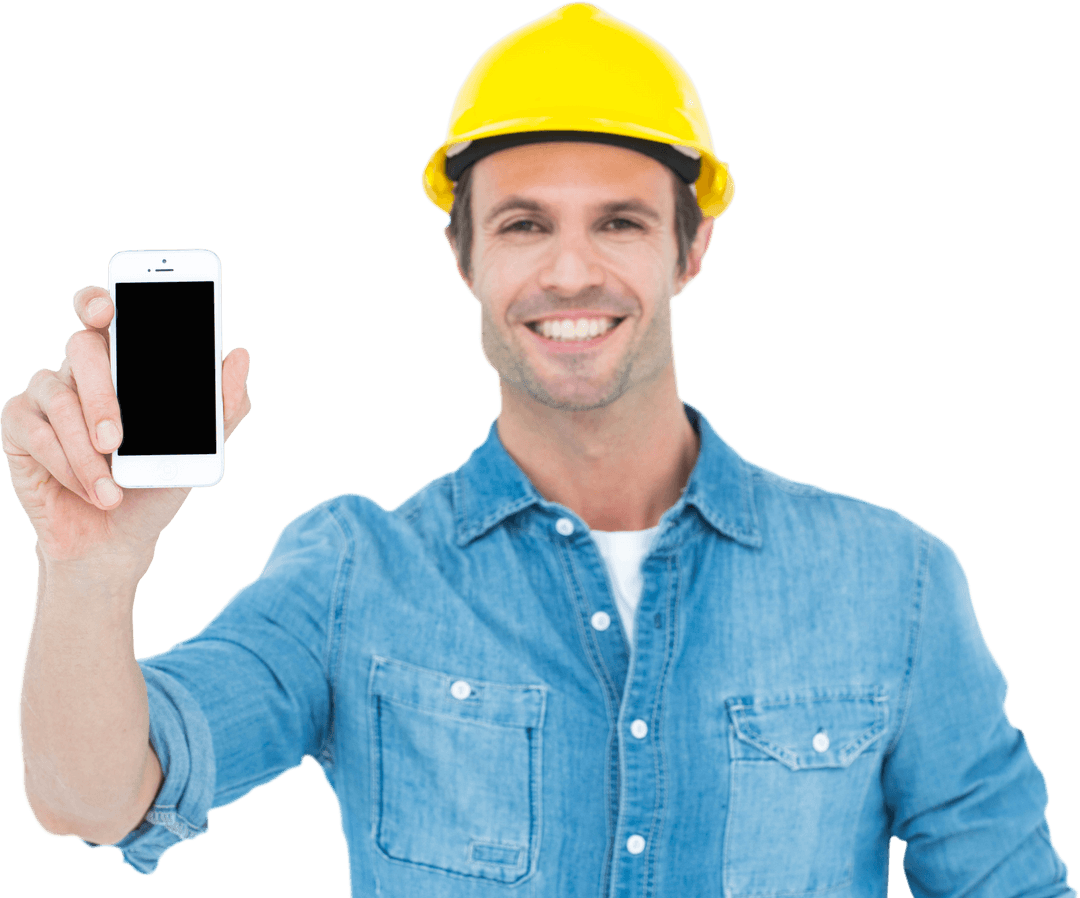 Happy Carpenter Wearing Yellow Hard Hat Holding Smartphone Transparent Background