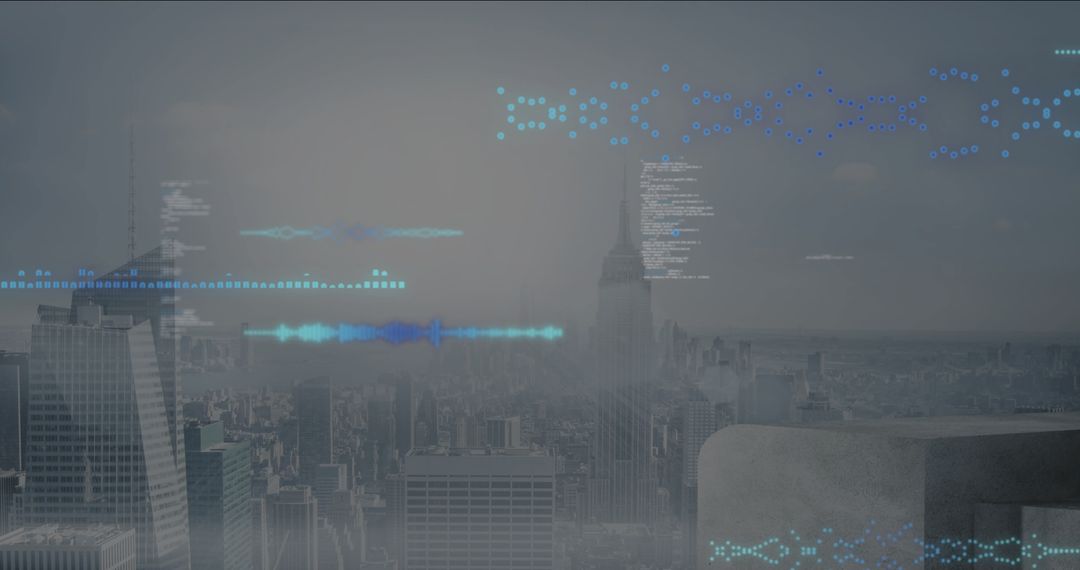 Futuristic City Skyline with Technological Data Overlay