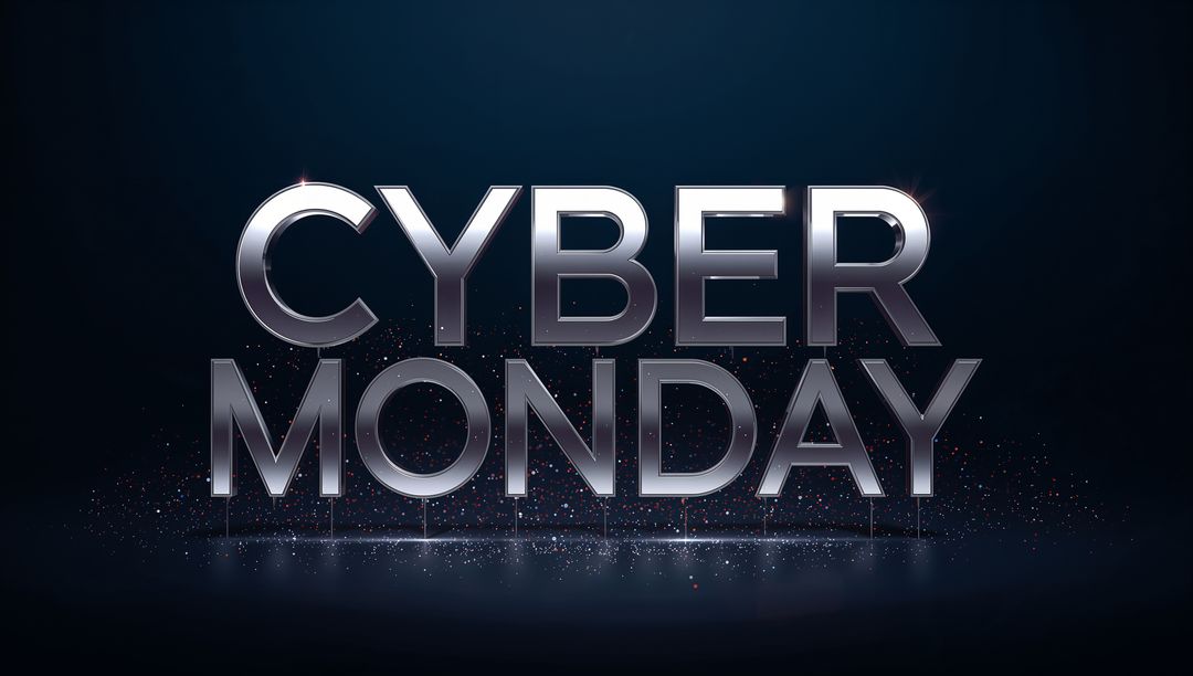 Shining Chrome Cyber Monday Typography Featuring Reflective Spotlight and Sparkling Floor