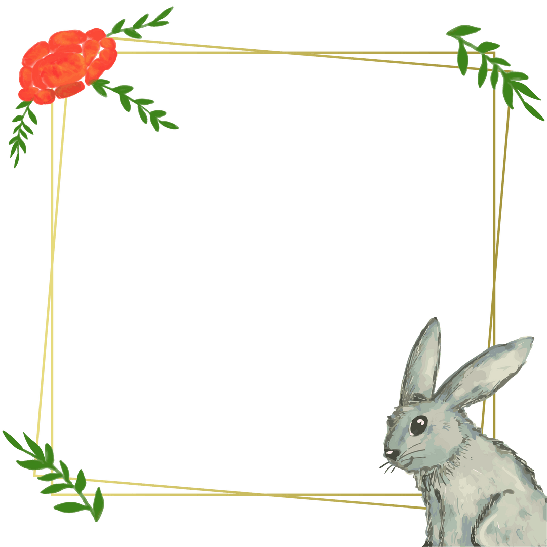 Gold Frame with Floral Accents and Watercolor Rabbit on Transparent