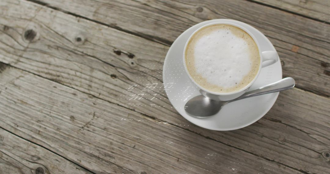 Cappuccino cup resting on rustic wooden table with spoon and generous copy space
