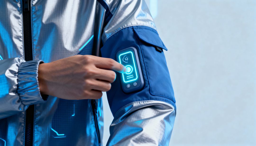 Futuristic Smart Jacket Featuring Touchscreen Control Panel on Sleeve for Wearable Tech Fashion