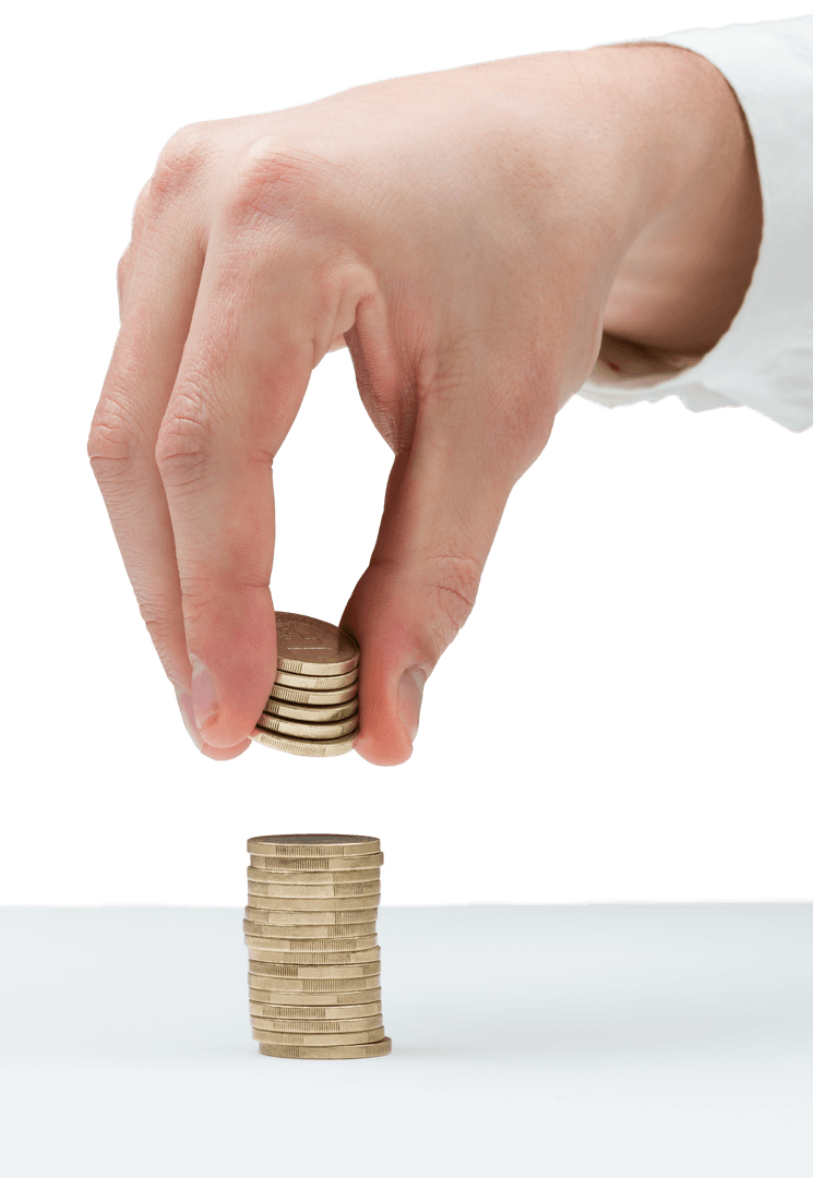 Transparent Hand Stacking Coins on Desk for Finance Concepts