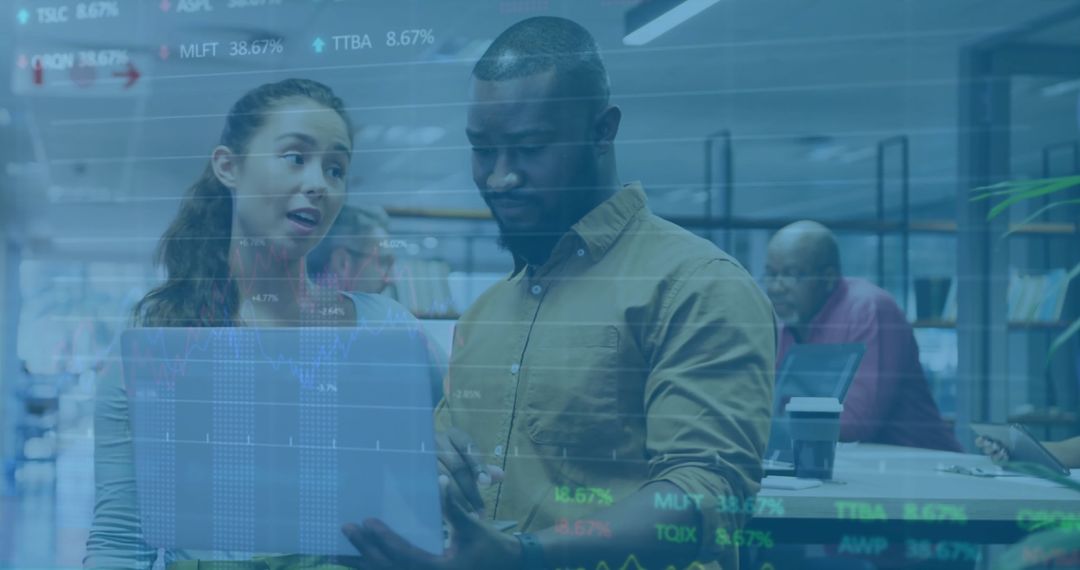 Diverse Business Team Discusses Financial Data with Digital Display