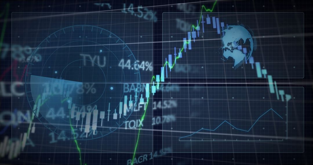 Digital Financial Analytics and Market Trends Visualization with Radar and Globe Overlay