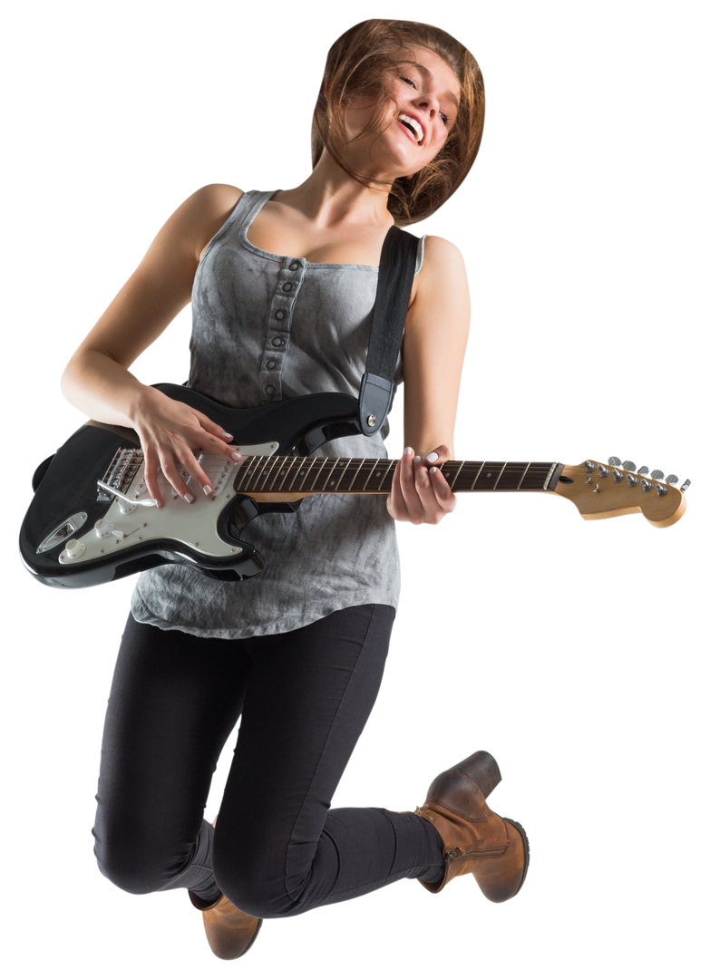 Young Woman Playing Guitar and Jumping in the Air Transparent Background - Download Free Stock Images Pikwizard.com