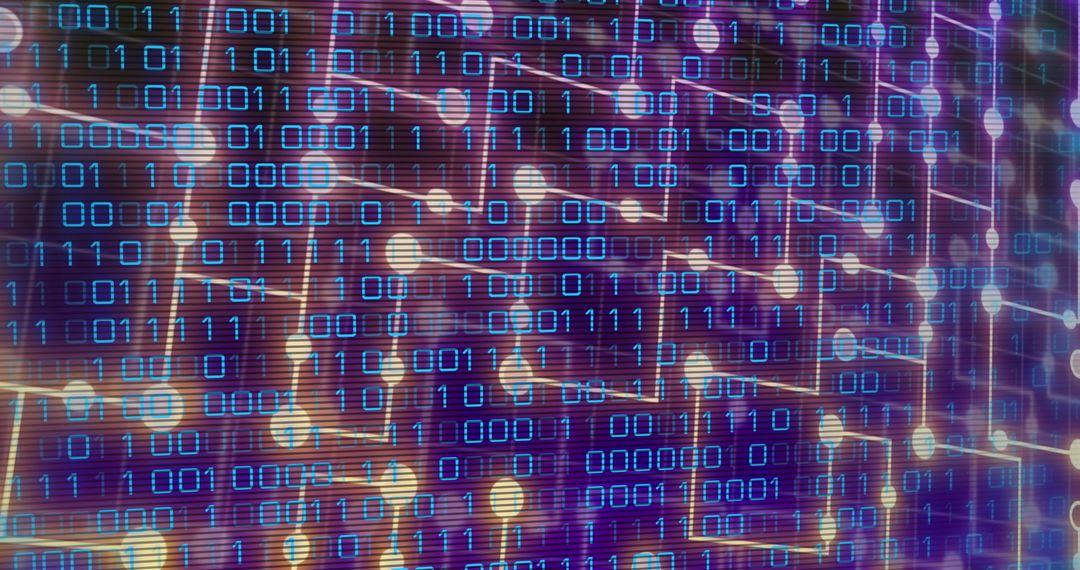 Dynamic digital network with binary code and glowing nodes