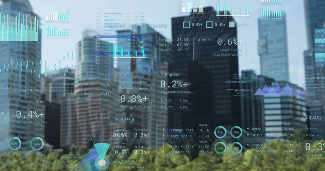 Data Visualizations Overlay on Modern Cityscape for Finance Concepts