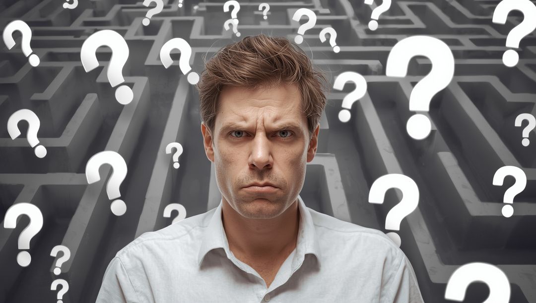 Man Facing Life’s Challenges in 3D Maze with Floating Question Marks