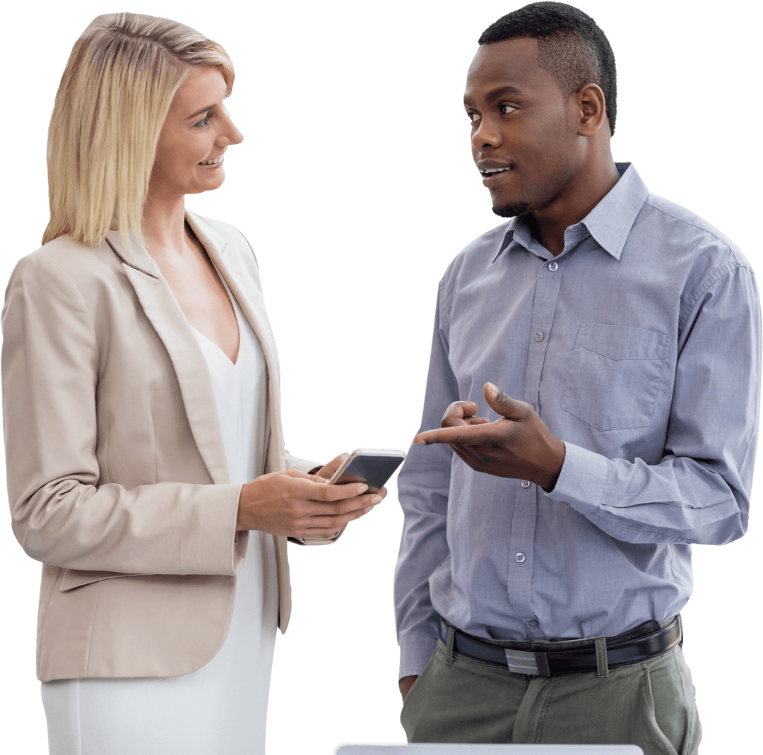 Transparent Co-Workers Smiling and Talking Collaboratively
