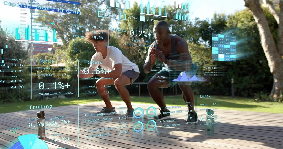 Performing Dynamic Partner Squats on Backyard Deck with Futuristic Fitness HUD Overlays