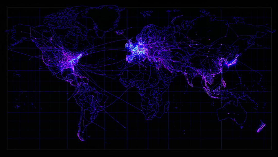 Neon Network Across Continents on World Map