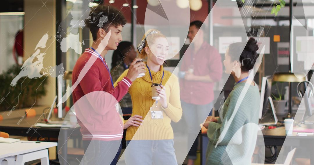 Diverse Team Discussing Ideas with Infographic Overlay in Modern Office