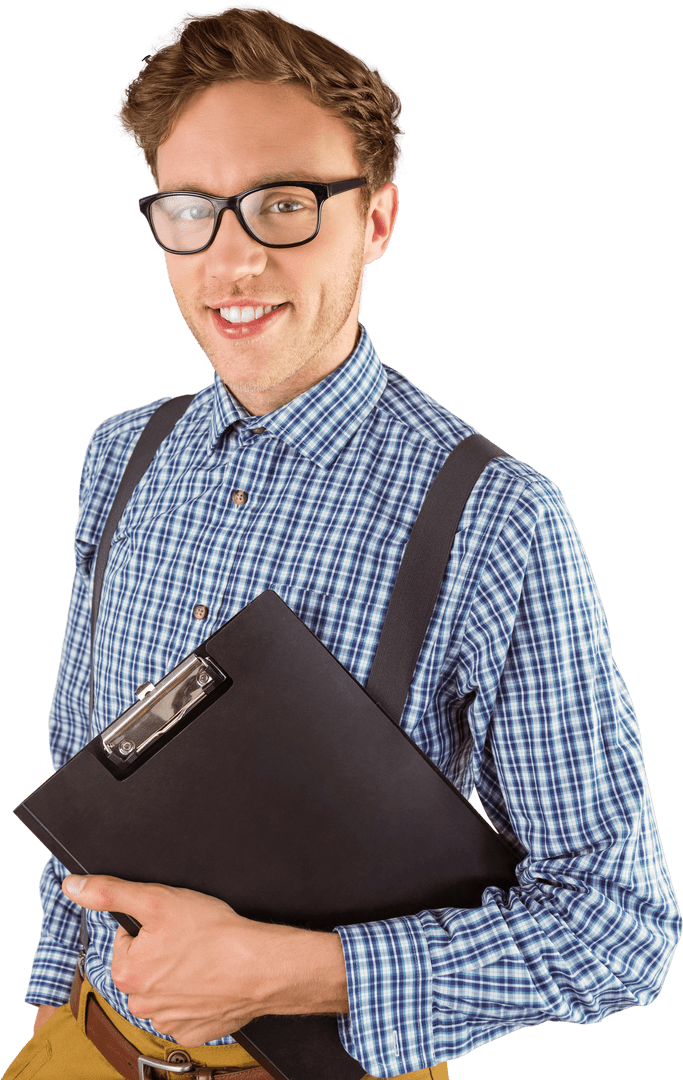 Young Transparent Man Holding Clipboard Aiming for Office Style