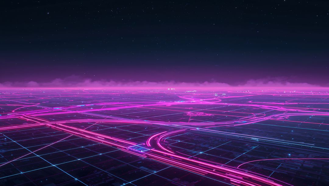 Glowing Magenta Highway Grid Stretching to Horizon, Neon Cyberpunk Road Network at Night