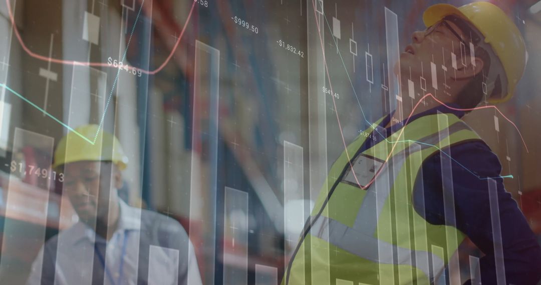 Warehouse Workers Overlaid with Statistical Charts Visualizing Data