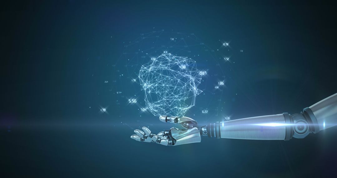 Robot Arm Displays Digital Network Processing in Futuristic Concept