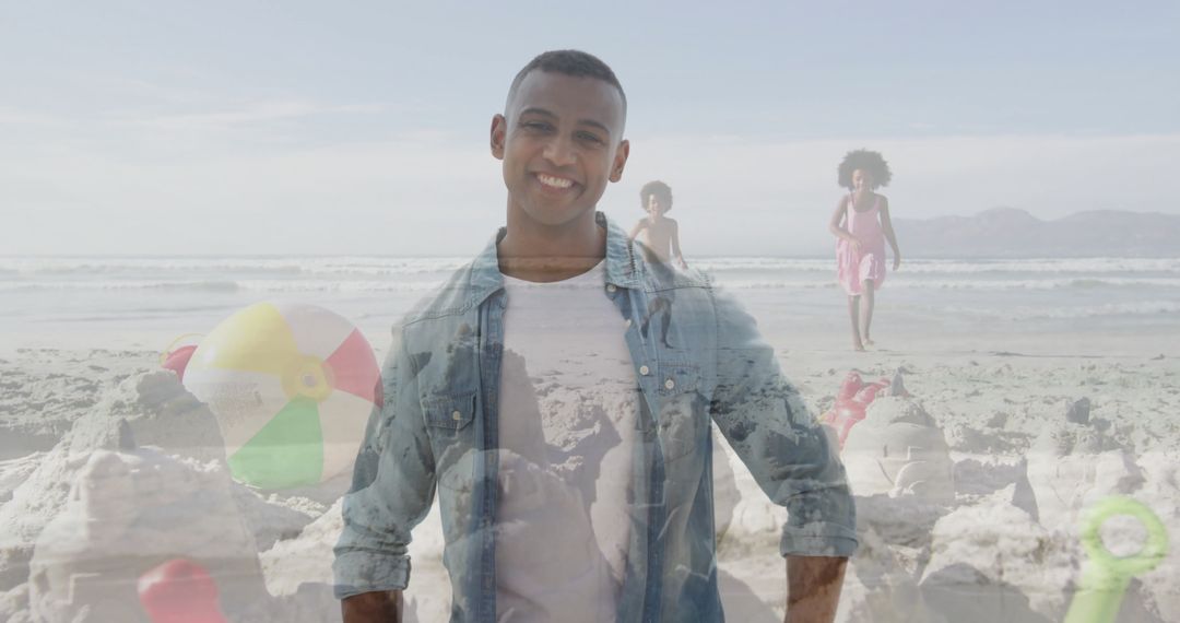 Father Enjoying Beach Time with Children on Sunny Shore