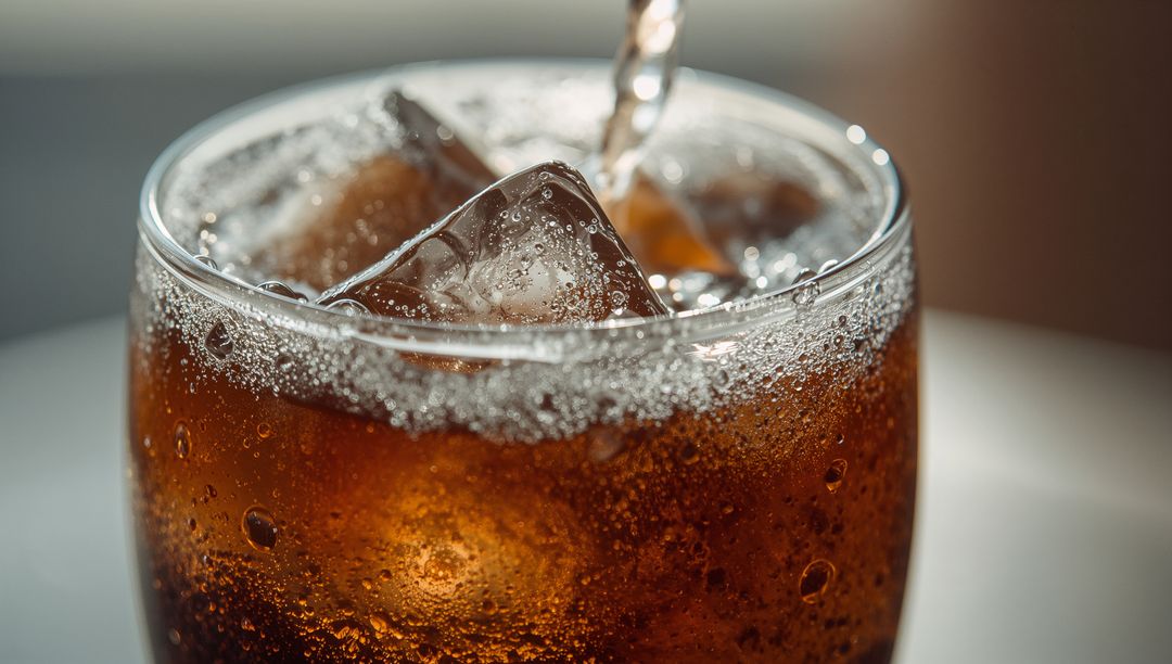 Refreshing Cola Poured Over Ice Cubes for Summer Hydration