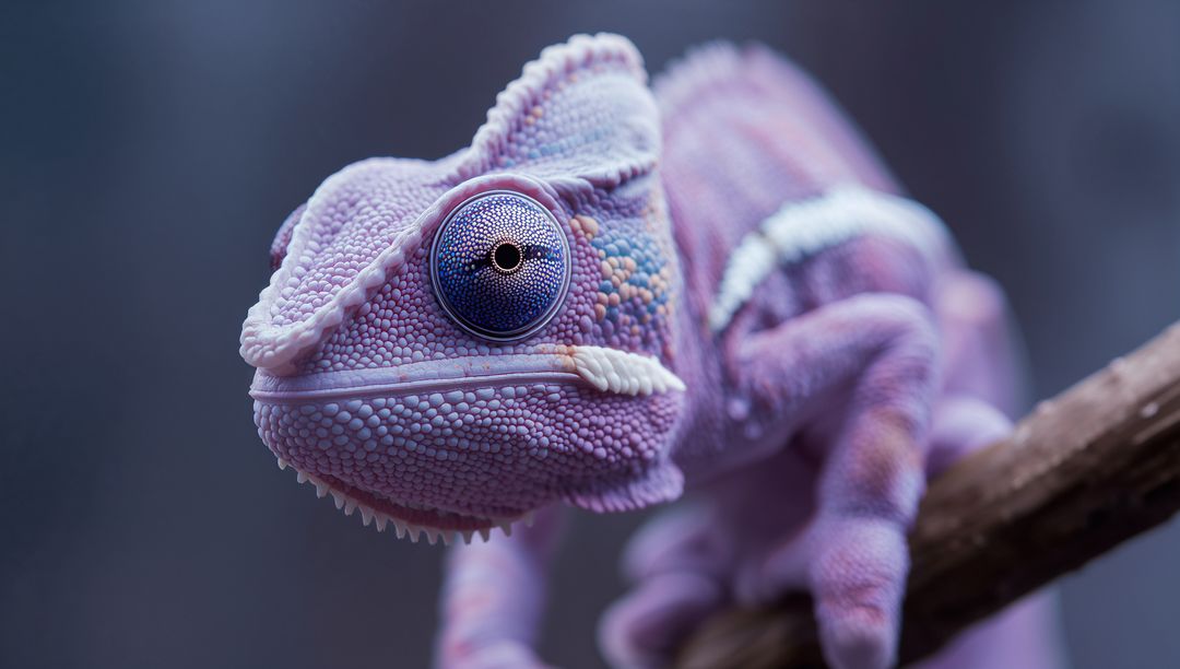 Pastel Perching Chameleon on Wooden Branch in Studio Lighting