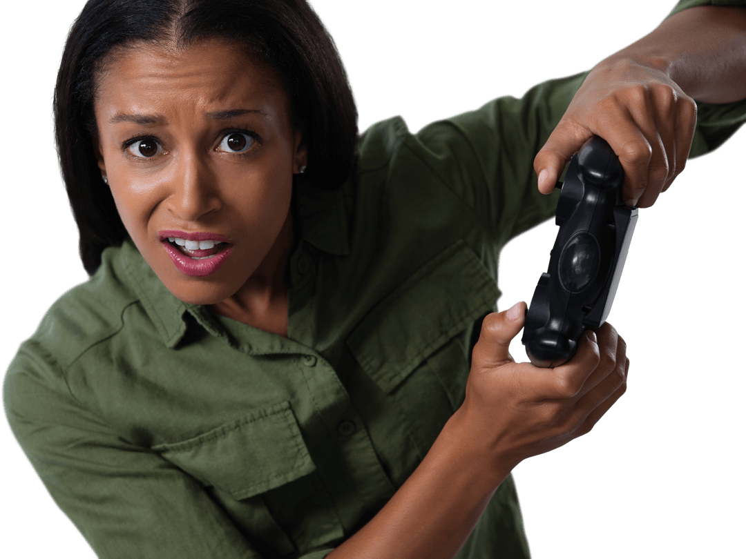 Funny Woman Gaming With Controller on Transparent Background