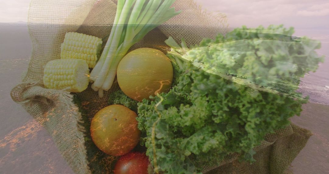 Rustic Vegetables in Burlap Near Beautiful Coastline