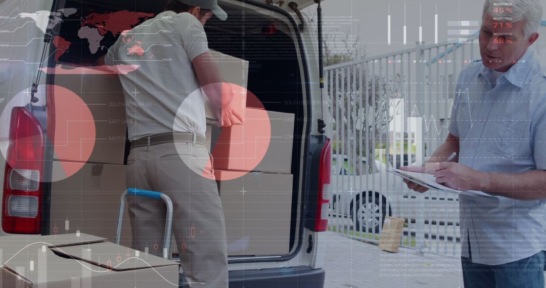 Delivery Man Loading Boxes as Logistics Data Increases Efficiency