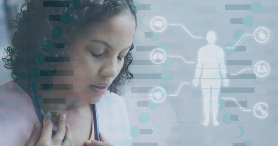 Female Doctor Analyzing Medical Data and DNA Visualization