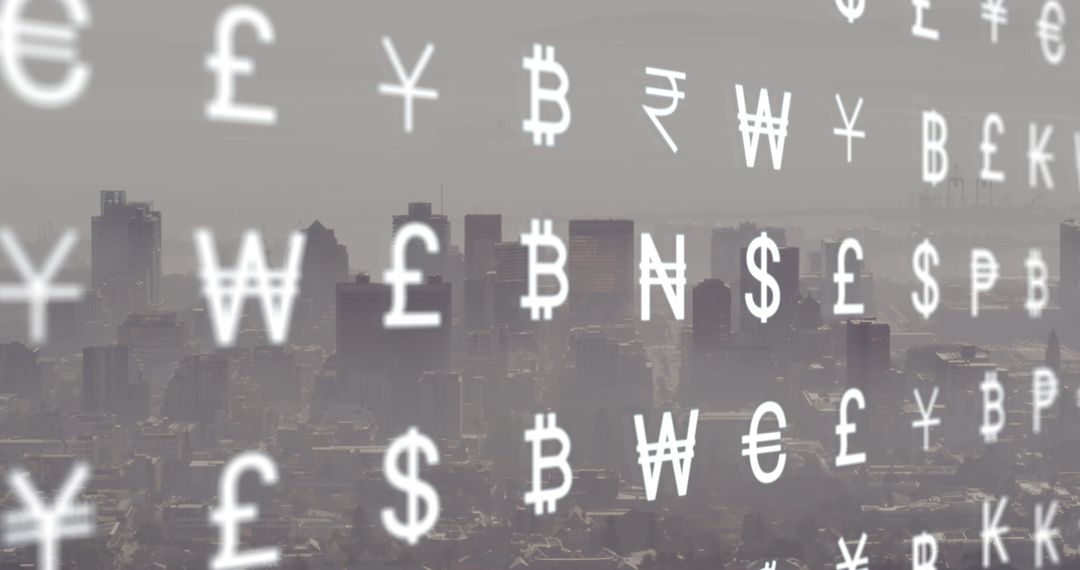 Global Currency Symbols Floating Over Cityscape
