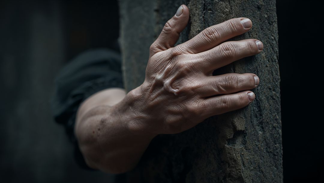 Strong hand gripping weathered stone column in dim ruin showing veins and texture