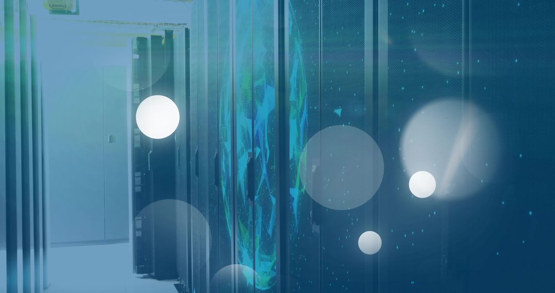 Glowing Server Racks Projecting Digital Globe in Data Center