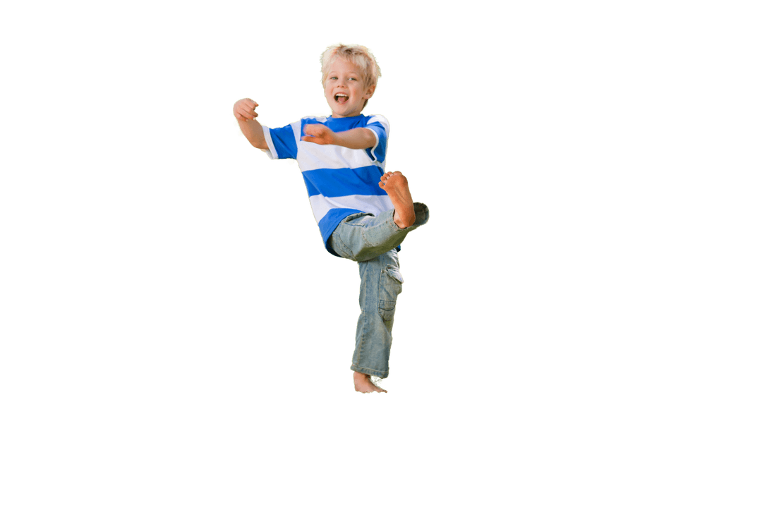 Happy Caucasian Boy Kicking on Transparent Background
