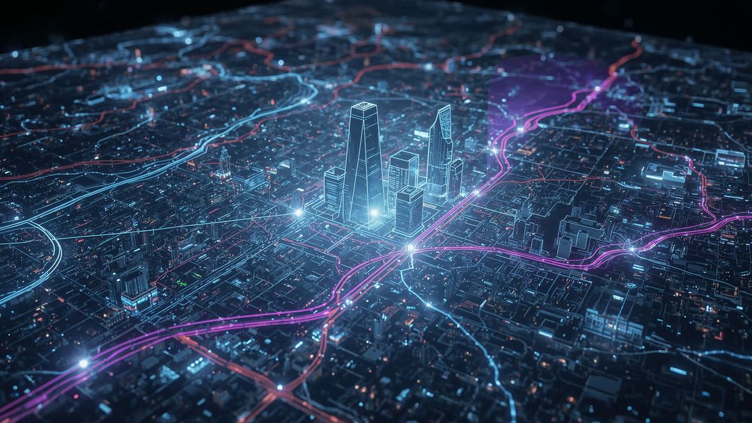Futuristic Digital City Hologram with Neon Road Data Streams