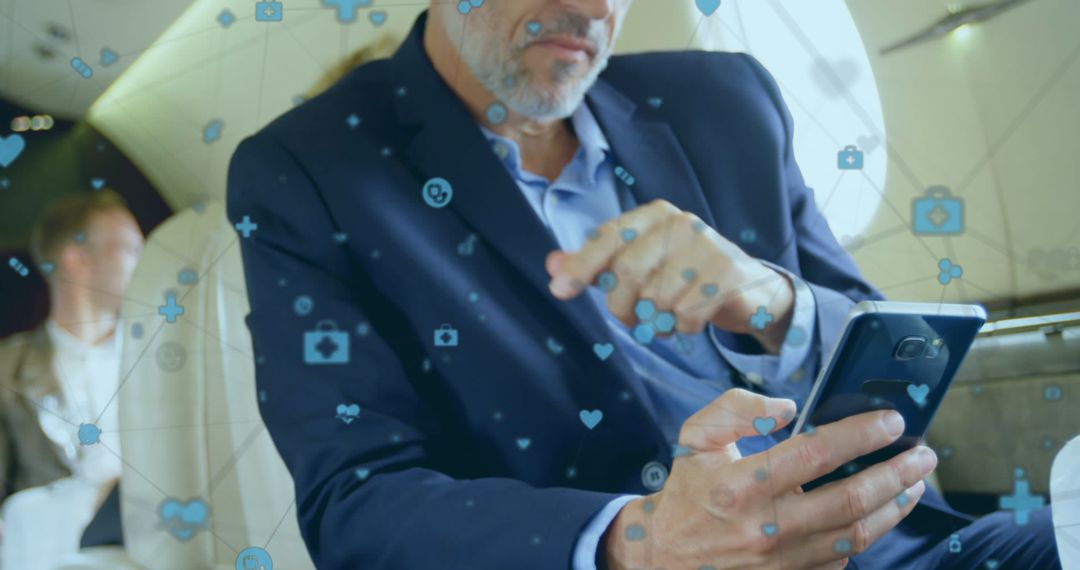 Businessman Using Smartphone on Private Jet with Digital Icons